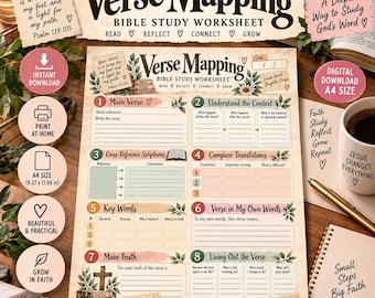 May include: A beige paper Bible study worksheet titled Verse Mapping with eight numbered sections for study including Main Verse, Context, Cross-References, Translations, Key Words, Own Words, Main Truth, and Living Out the Verse with floral accents.
