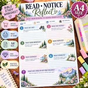 May include: A printable A4 Bible study worksheet titled Read Notice Reflect with sections for book, chapter, date, and translation. It features seven numbered prompts for observation, including What Do I See, What Do I Notice, and What Connects, decorated with watercolor mountain and forest illustrations.