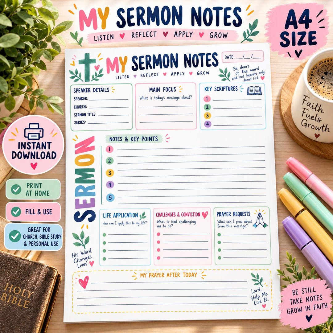 Sermon Notes Worksheet Printable | Sermon Journal | Bible Notes | Bible ...