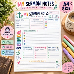 Könnte beinhalten: Ein weißes A4-Predigtnotizblatt zum Ausdrucken mit farbenfrohen Überschriften und Abschnitten für Sprecherdetails, Hauptfokus, wichtige Schriftstellen, Notizen, Lebensanwendung, Herausforderungen, Überzeugungen und Gebetsanliegen.