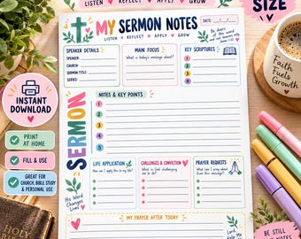 May include: A white A4 size sermon notes printable sheet featuring colorful headers and sections for speaker details, main focus, key scriptures, notes, life application, challenges, conviction, prayer requests, and a prayer after today section.