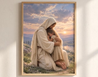 May include: A framed wall art print depicting a figure in a light-colored hooded robe kneeling and embracing a young child in a light-colored dress. The scene is set outdoors on a grassy hillside during a sunset with a river in the distance.