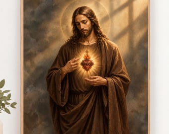 May include: A framed wall art print depicting a figure with long brown hair and a beard, wearing a brown robe. The figure points toward a glowing, radiant heart encircled by thorns and topped with a cross, set against a cloudy background.