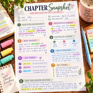 Bible Chapter Study worksheet with guided sections for chapter summary, main message, key verses, themes, and personal reflection.

Chapter Snapshot printable Bible study page with spaces for Bible book, chapter, date studied, and Bible translation.

Bible Study Guide worksheet for summarizing a chapter, identifying its main message, choosing three descriptive words, and recording first impressions.