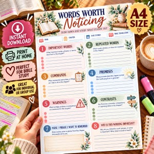 May include: A white A4 size Bible study worksheet titled Words Worth Noticing with sections for important words, repeated words, commands, promises, warnings, contrasts, verses to remember, and questions, decorated with floral illustrations.