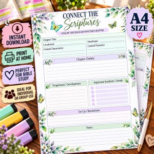 May include: A white A4 size printable Bible study worksheet titled Connect the Scriptures with floral and butterfly illustrations. The page includes sections for Chapter Title, Timeframe, Location, Central Theme, Character, Outline, and Notes.