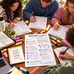 Bible Chapter Study worksheet with guided sections for chapter summary, main message, key verses, themes, and personal reflection.

Chapter Snapshot printable Bible study page with spaces for Bible book, chapter, date studied, and Bible translation.

Bible Study Guide worksheet for summarizing a chapter, identifying its main message, choosing three descriptive words, and recording first impressions.
