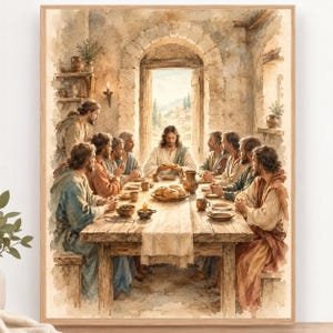 May include: A watercolor painting depicting a group of people seated around a long wooden table for a meal. A central figure sits at the head of the table with bread, while others are positioned along the sides in a stone-walled room.