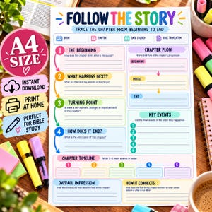 May include: A colorful A4 size Bible study worksheet titled FOLLOW THE STORY with sections for book, chapter, date, and translation. It includes numbered prompts for beginning, events, turning points, and conclusions, plus a timeline and flow chart.