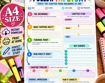 May include: A colorful A4 size Bible study worksheet titled FOLLOW THE STORY with sections for book, chapter, date, and translation. It includes numbered prompts for beginning, events, turning points, and conclusions, plus a timeline and flow chart.
