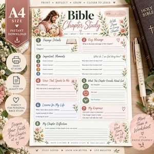 Può includere: Una scheda di studio biblico con illustrazioni floreali, una raffigurazione di Gesù con un agnello e sezioni numerate per gli appunti. Il testo include 'Bible Chapter Study', 'Passage Details', 'Key Message', 'Important Moments', 'Verse That Speaks to Me', 'What This Chapter Reveals About God', 'Lessons for My Life', 'My Response' e 'My Chapter Reflection'.