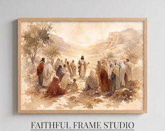 May include: A framed watercolor-style print in sepia tones depicting a central figure standing before a gathering of people in robes within a desert landscape. The artwork is enclosed in a light-colored wooden frame with the text FAITHFUL FRAME STUDIO.