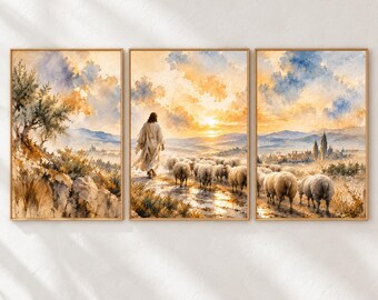 May include: A triptych wall art set featuring a watercolor landscape. The left panel shows a rocky hillside with trees. The center panel depicts a figure in a robe walking toward a sunset with a flock of sheep. The right panel shows sheep.