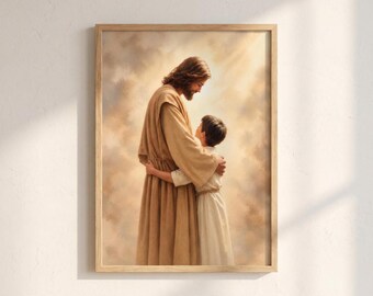 May include: A framed wall art print depicting a bearded figure in a tan robe embracing a young child wearing a white tunic. The scene is set against a soft, golden, cloudy background with light radiating from above, captured in a vertical orientation.