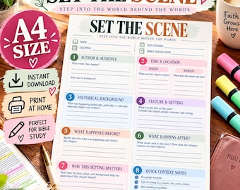 May include: A printable A4 size Bible study worksheet titled SET THE SCENE, featuring eight numbered sections for recording author, audience, time, location, historical background, culture, setting, and context notes with blank lines for writing.