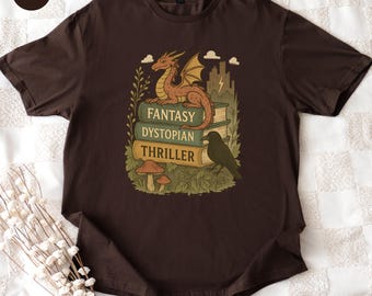 Fantasy Book T-Shirt: Dragon, Raven, Dystopian Reader Shirt