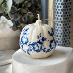 Elegant Pumpkin Candle | Blue White Table Centerpiece | Fall Party Decoration Wedding Table Accent Hostess Gift  Vintage Toile Style Candle