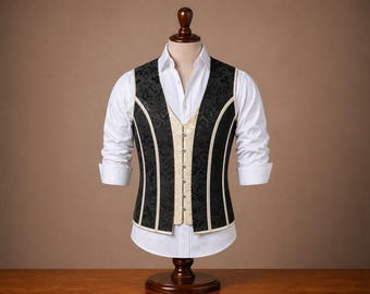 Chaleco corsé para hombre, color beige, estilo medieval, con cordones y varillas, corte ajustado, ideal para bodas y eventos.