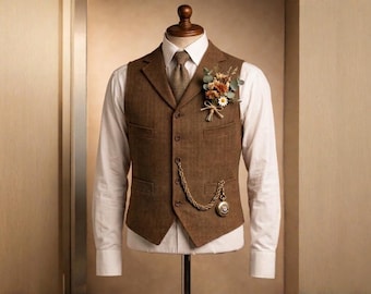 Men's Vintage Tweed Vest Herringbone Waistcoat Retro Business Cowboy Fall Outfit Personalized Gift Style