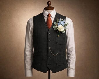 Chaleco negro de hombre, estilo western, con estampado de espiga, corte ajustado, ideal para el trabajo, negocios o bodas. Regalo perfecto.