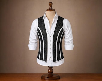 Chaleco corsé negro y blanco para hombre: chaleco con varillas y cordones para atuendos formales de escenario.