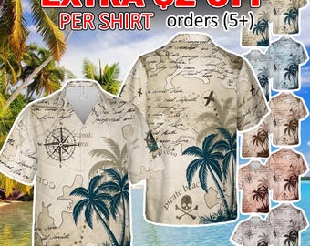 Vintage Treasure Map Hawaiian Shirt for Men, Pirate Beach Aloha Shirt, Retro Compass Palm Tree Summer Vacation Shirt