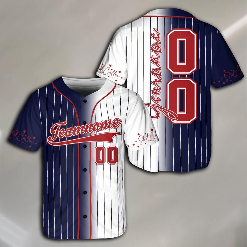 May include: A white and navy blue baseball jersey with red and white stripes. The jersey has a white front with a red number "00" and the text "Teamname" in red. The back of the jersey is navy blue with a white number "00" and the text "Your name" in red.