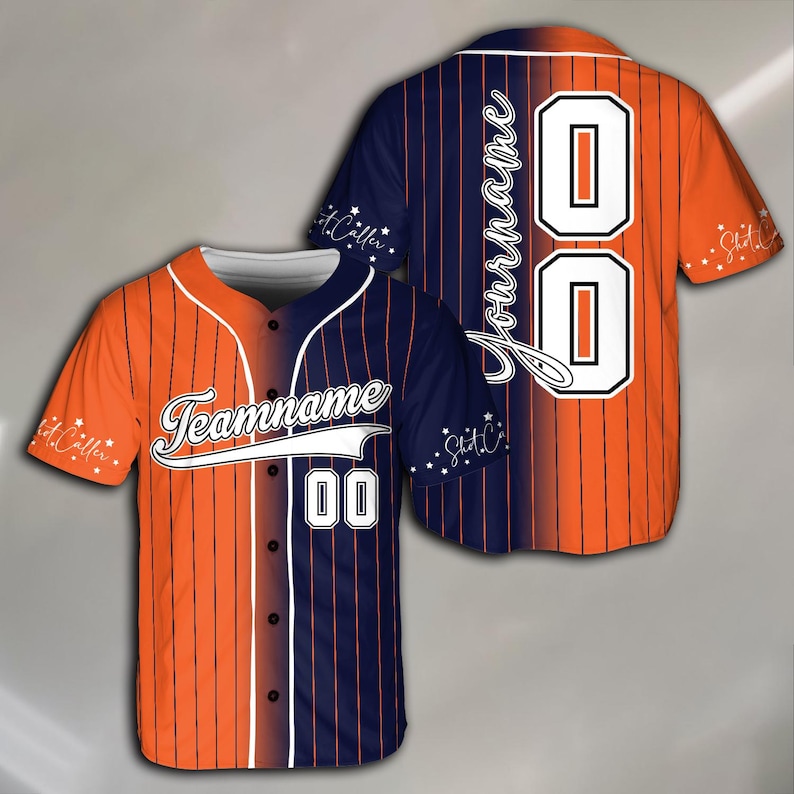 May include: A baseball jersey with orange and navy blue stripes. The jersey has a white number "00" on the front and the text "Teamname" in a white cursive font. The back of the jersey has the text "Your Name" in white cursive font and a white number "00".