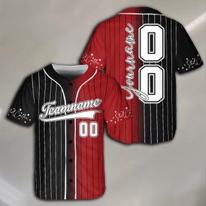 May include: Black and red baseball jersey with white pinstripes. The jersey has a white number "00" on the front and the text "Teamname" above the number. The back of the jersey has the text "Your Name" and the number "00" in white.