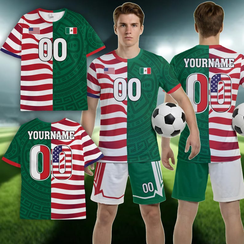 Custom Half and Half Soccer Jersey USA, Personalized Binational Soccer Shirt, National Flag Jersey Full Set, Fan Gift for Players image 3