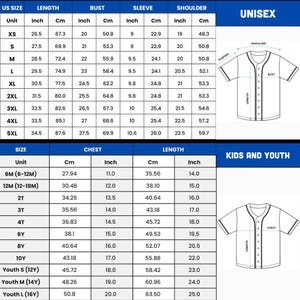 May include: Size chart for unisex and kids' baseball jerseys. The chart shows measurements in inches and centimeters for chest, length, bust, sleeve, and shoulder.