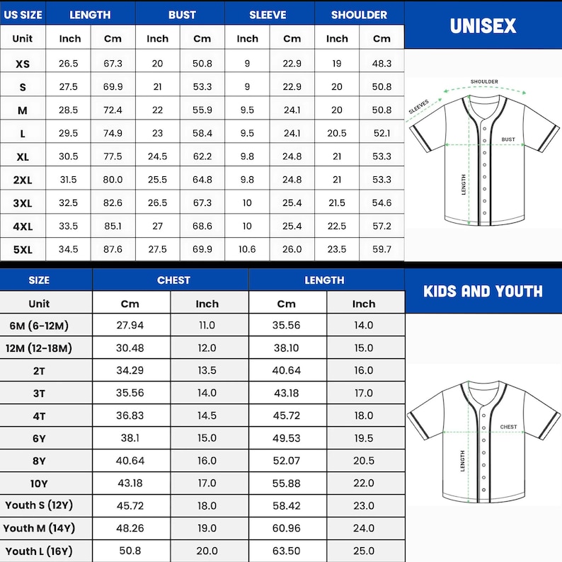 May include: Size chart for unisex and kids' baseball jerseys. The chart shows measurements in inches and centimeters for chest, length, bust, sleeve, and shoulder.