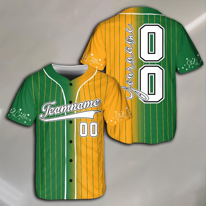 May include: A green and gold baseball jersey with white stripes. The jersey has a white number "00" on the front and the text "Teamname" above the number. The back of the jersey has the text "Your name" and the number "00" in white.