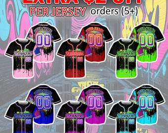 Custom Glow Neon Graffiti Drip Baseball Jersey, Personalized Team Uniform for Team Building Events