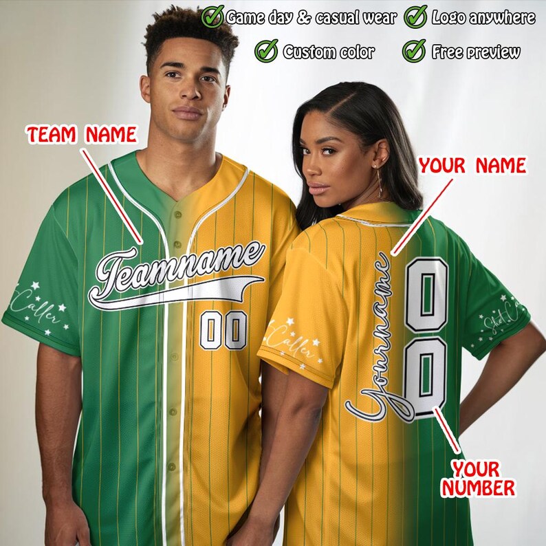May include: Two baseball jerseys, one green and yellow, the other yellow and green, with white stripes. The jerseys have a team name and number on the front and a name on the back. The text on the jerseys reads "Teamname" and "Yourname".