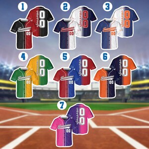 May include: Seven different baseball jersey designs with a split color scheme. Each jersey has a different color combination and features a team name and number on the front. The jerseys are all in a baseball stadium setting.