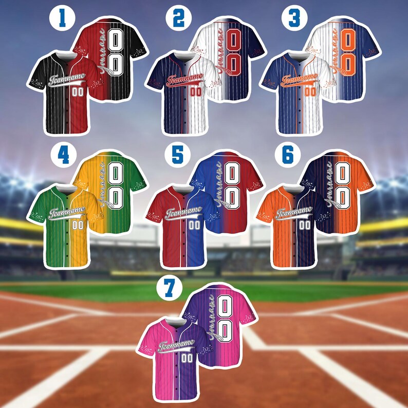 May include: Seven different baseball jersey designs with a split color scheme. Each jersey has a different color combination and features a team name and number on the front. The jerseys are all in a baseball stadium setting.