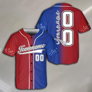 May include: Red and blue baseball jersey with white stripes and stars. The jersey has a white number "00" on the front and the text "Teamname" above it. The back of the jersey has the text "Yourname" and the number "00" in white.