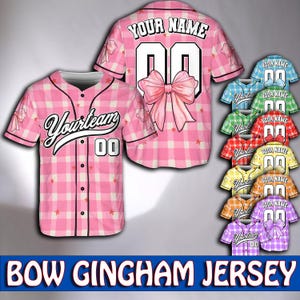 Custom Bow Gingham Baseball Jersey, Personalized Team Name and Number Shirt, Cute Coquette Baseball Uniform, Gift for Her, Softball Jersey