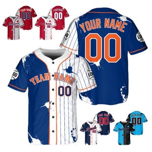 May include: Baseball jerseys in various colors, including red, blue, and white. The jerseys feature team names, numbers, and the option for personalized names. Some have pinstripes and a distressed paint splatter design.