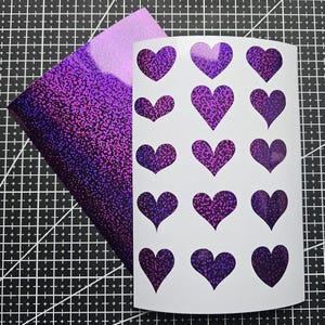 Lila holografische Herz Aufkleber - Wählen Sie 1 aus 15 Formen, Benutzerdefinierte Größen 1 cm - 7 cm, glänzende Vinyl-Aufkleber für Planer, Scrapbooks