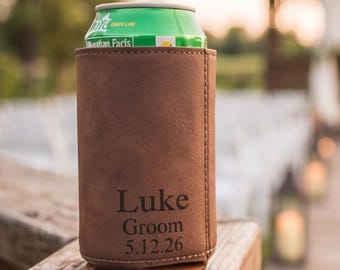 Bachelor Party Can Cooler, Personalized Leather Beer Holder, Custom Name Beer Sleeve, Party Favor Gift for Him