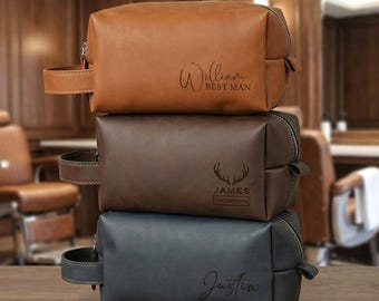 Neceser de cuero personalizado grabado, bolsa de aseo láser para regalo de boda para él, regalo para el padrino, bolsa de aseo de viaje para él