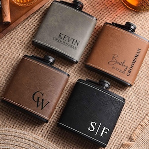 Personalized Engraved Leather Flask for Groomsmen, Best Man Stainless Steel Flask Set, Wedding Party Gifts for Men
