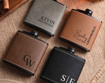 Frasco de cuero grabado personalizado para padrinos de boda, regalos para padrinos de boda, frasco de cuero personalizado para padrinos de boda, regalos para padrinos de boda, frasco de cuero para padrinos de boda