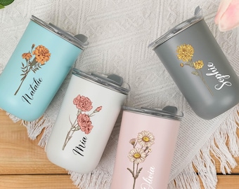 Personalized Birth Flower Tumbler, Custom Name Insulated Travel Cup, Bridesmaid Proposal Gift, 6oz Travel Mug,Birthday & Wedding Party Favor
