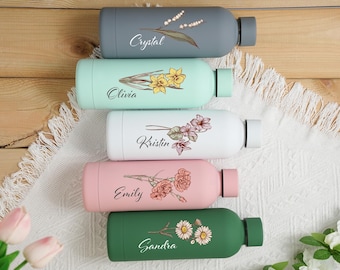 Personalized Water Bottle,Custom Name Birth Flower Tumbler,17oz Stainless Steel Travel Cup,Wedding Gift,Bridesmaid gifts,Gym & Office bottle