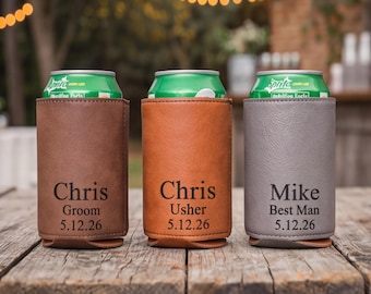 Wedding Party Can Cooler, Custom Engraved Leather Beer Holder, Personalized Wedding Favor, Groom & Bridesmaid Gift