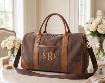 Custom Embroidered Weekender Bag for Men, Personalized Groomsmen Gift, Canvas Travel Duffel With Shoe Compartment, Best Man Bag