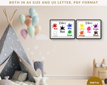 Póster educativo Montessori de colores para niños. Arte mural imprimible para aprender colores. Decoración digital para el aula. Descarga digital para profesores.